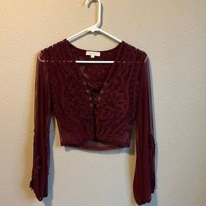 Hot & delicious maroon long sleeve top w floral detail & corset tie